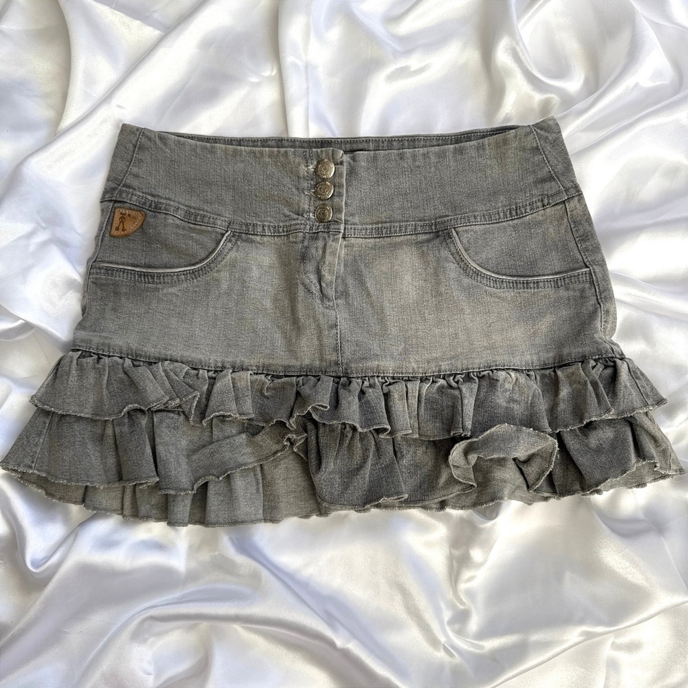 Dina Desa Grey Denim Ruffle Mini Skirt Y2K Tiered Frill Low Rise 32 Waist